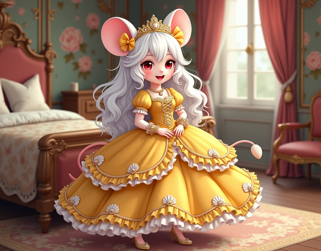 (best quality,4k,8k,highres,masterpiece:1.2), ultra-detailed, Pretty anthropomorphic mouse girl has a princess, drawn in anime style, steampunk, wearing a yellow princess gown with puffy sleeves, steampunk, gorgeous frilly dress design,flowing gown,elaborate lace details,rich textures,contrast stitching,delicate ribbon bows, fish scales pattern accents, flowers embroidery, full skirt,short sleeves,fitted waistline,flared cuffs,lace-up back,luxurious fabrics,flawless silhouette, long curly white hair and red eyes, white fur, smiling, mouse ears and tail, high heels, white elbow evening gloves, gold bracelets, tiara made of seashells, beautifully detailed lips with lipstick, long eyelashes, eyeshadow, seashell necklace, in a castle bedroom with intricate decoration and luxurious furniture, flower wallpaper, she is happily checking her new princess dress.