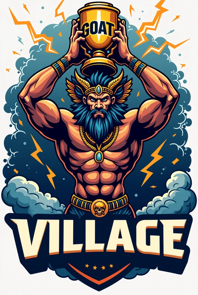 
create a sports logo with the name "village" with a mascot God of thunder Tupã holding a trophy written "goat" por dentro