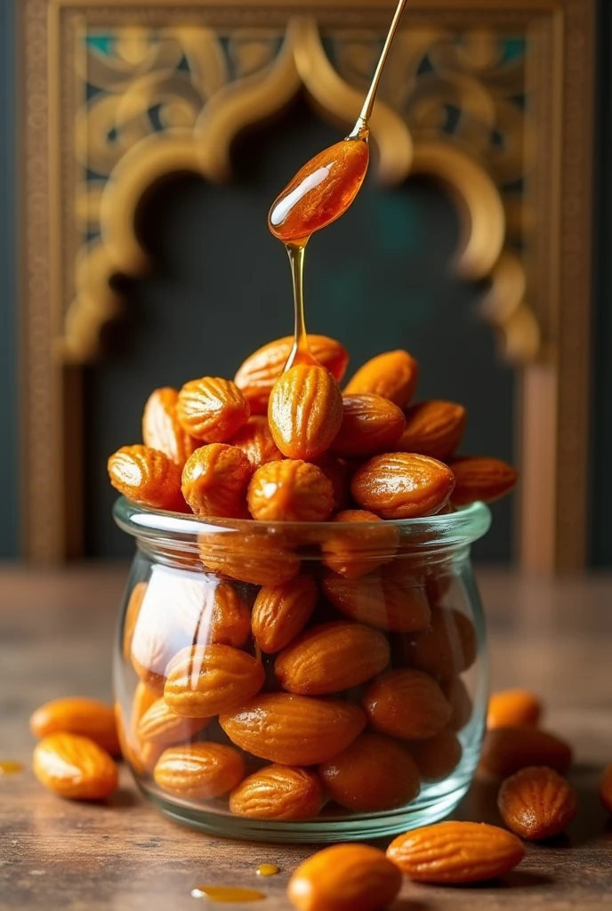 Bangladeshi style Mixed honey almonds are oozing honey attractively from the bottle Islamic background