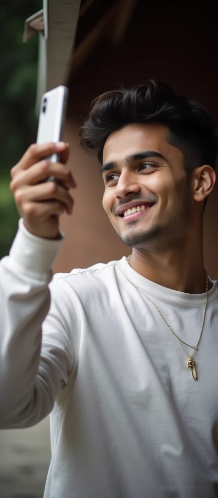 20 years old handsome indian boy , taking selfie , white wall background