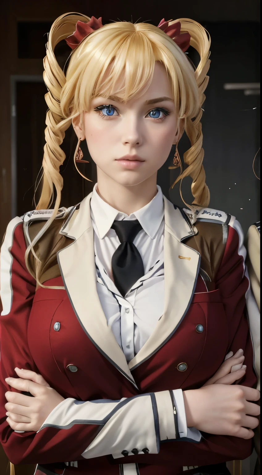 cleavage, *8K masterpiece, Highest quality, Highest quality, Official Art, (Beauty and aesthetics: 1.3), Very detailed, realistic, Realism, photoRealism, photo-realistic, high contrast, (photorealistic:1.4), (perfect female figure), 8k high definition detailed realistic, (best quality, masterpiece:1.2), best quality, highly detailed, 1girl, looking at the viewer, upper body, from front, red clothing, school uniform, blazer, grumpy, big breasts, blonde hair, Blue eyes, pale skin,