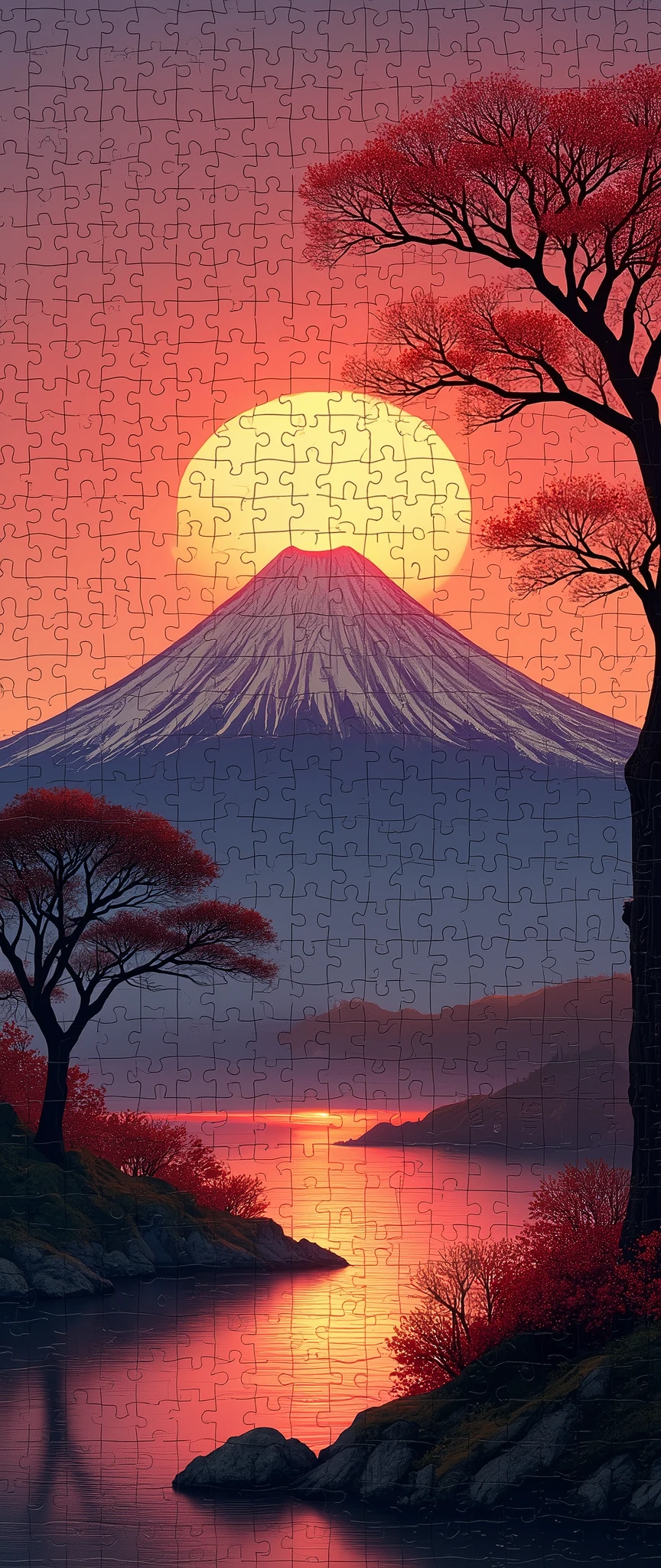 (masterpiece:1.2,Exceptional Quality,mirror-like,Cinematic Experience,Photorealistic,RAW Photos,Super detailed),8k,wallpaper,(1000 piece jigsaw puzzle of sunset and Mt. Fuji:2.0),(Only one piece is missing:2.0)