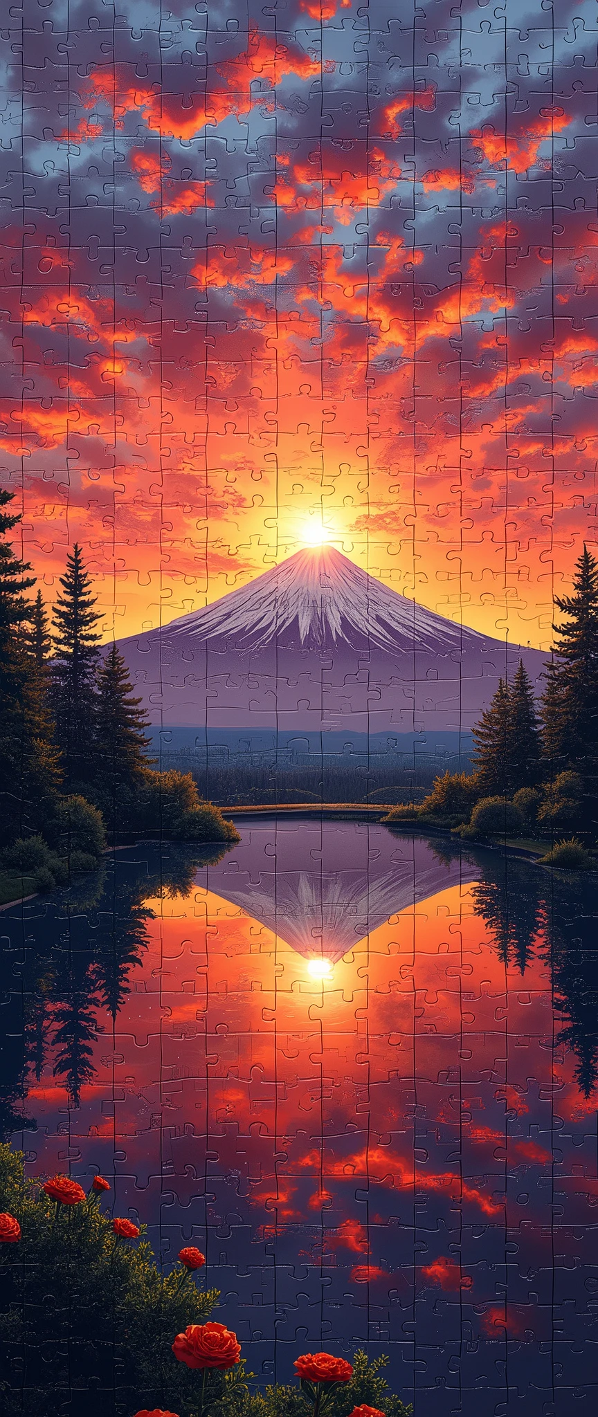 (masterpiece:1.2,Exceptional Quality,mirror-like,Cinematic Experience,Photorealistic,RAW Photos,Super detailed),8k,wallpaper,(1000 piece jigsaw puzzle of sunset and Mt. Fuji:2.0),(Only one piece is missing:2.0)
