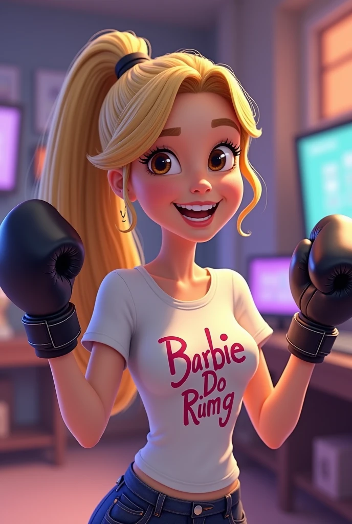 
2D pixar style programmer; blonde hair; long hair; ponytail, brown eyes; woman; black boxing gloves, hands up as a sign of excitement, his t-shirt says: "BARBIE DO RING" very smiling (not the fruit).