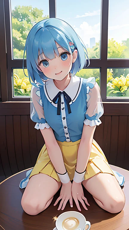 (from the front), Fisheye Lens, Beautiful , Curvy, Flat Chest, Small breasts，Underbust, (Kneeling on the round table), (On the table:1.5), (Leg spread), (Hot lemonade between my legs:1.3),Steam rising from hot lemonade， (Classic puffy short sleeve ruffled blouse), (Light blue mini skirt), (A see-through button-up shirt), (Neck ribbon)+ Thighs, High heels, (View your viewers:1.5), (Embarrassing:1.3), (Smile), (vapor:1.3), (Girl trembling with sexual climax:1.3), Mid-length hair, Light blue hair,Bobcut, Wavy Hair, Glowing Skin, (coffee shop), window, morning, (crowd:1.3), (masterpiece, Highest quality, High resolution:1.3), Perfect Anatomy