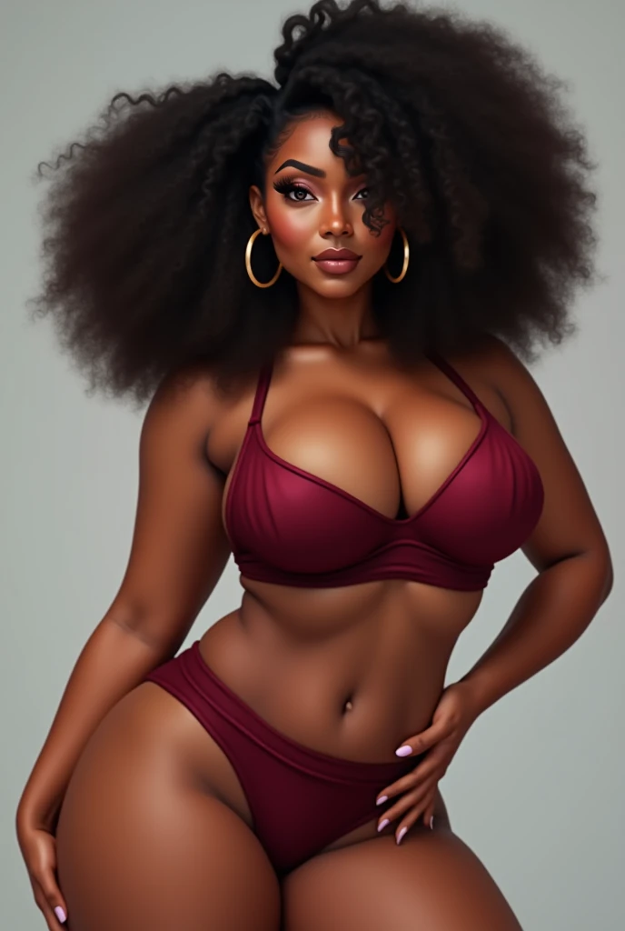 Ebony girl, curly hair, ponytail hairstyle, black skin, nude body, full body, dark nipples, arms up 