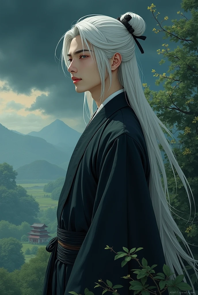 a young man, slim body, long white hair, idyllic scenery, slightly sad mood, dark sky. wearing black and gray Chinese traditional clothes, close up, manga