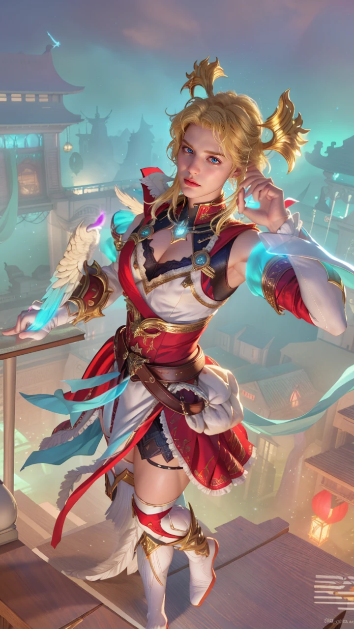 looking into camera, best quality, masterpiece, upper body, bright highlights, (extremely detailed CG unity 8k wallpaper), handsome young man, angelic wings, halo, (male, man), messy hair, short hair, serious, dramatic pose, cinematic lighting, photorealistic, dynamic pose, sharp-focus, 80s fantasy art, (photorealistic:1.4), (masterpiece, finely detailed beautiful eyes: 1.2), masterpiece, realistic, 3d face, glowing eyes, blonde hair, 1920s plunging neckline dress, half body shot