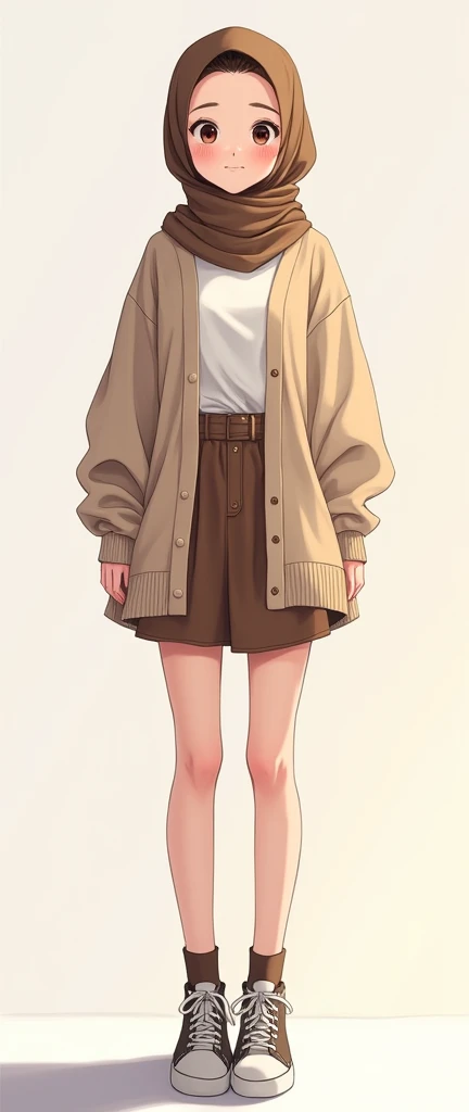 Anime with text: 
Cute anime girl, beautiful face, detailed eyes, ((enhanced details, dynamic lighting, hyperdetailed, 4k, HD, wallpaper, high quality, high resolution)), wearing a brown hijab, oversized beige cardigan, white shirt, brown miniskirt, brown socks, sneakers, full body view, standing straight 