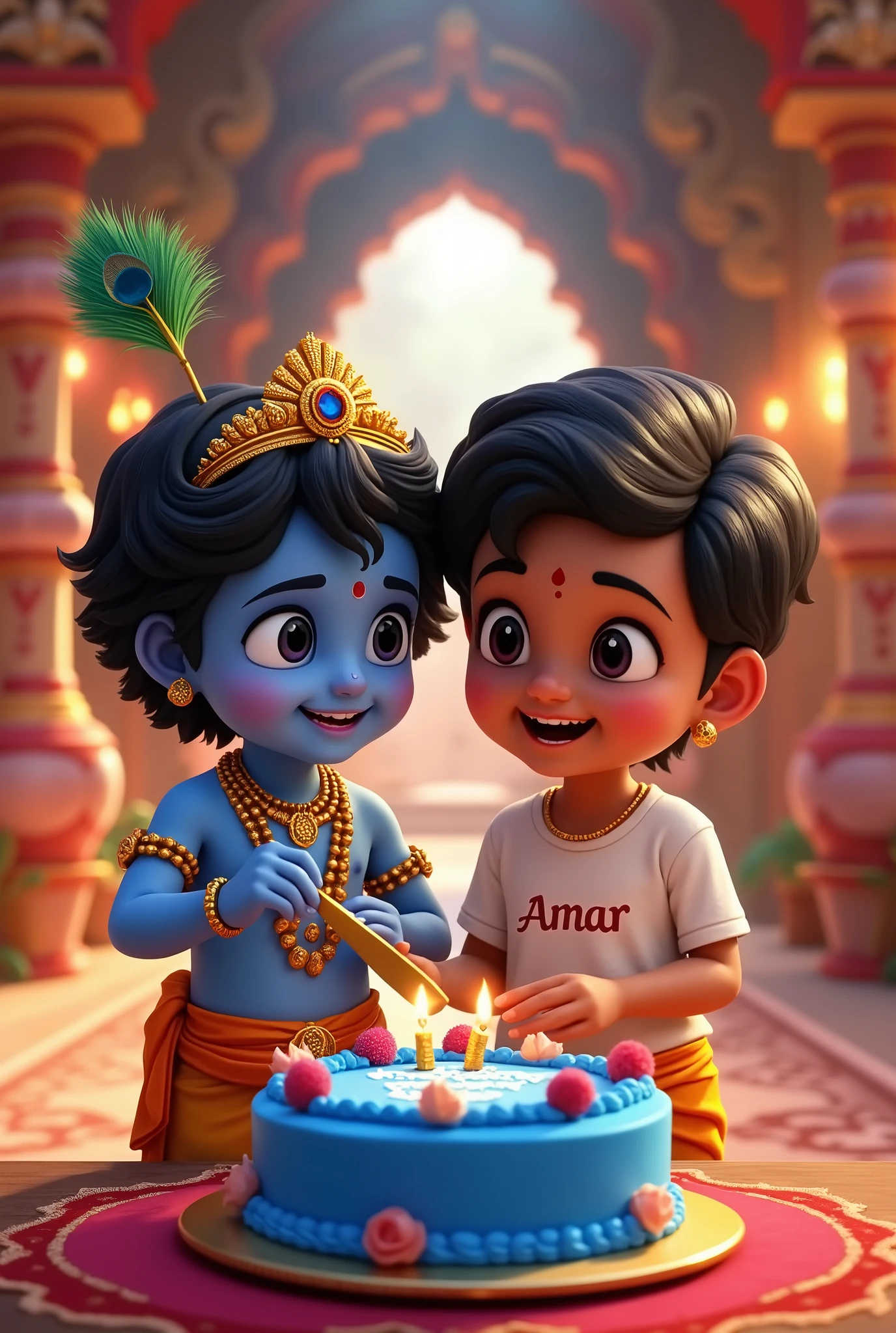 A highly detailed and vibrant animated scene inside a beautifully decorated temple, featuring two young children celebrating Janmashtami. The first child, resembling Lord Krishna in his childhood form, has blue skin, a peacock feather crown, and golden jewelry. He is smiling while cutting a blue cake with the text "HAPPY JANMASHTAMI" written on it. The second child, dressed in a white T-shirt with "AMAR" printed on it, has a natural skin tone and stylish black hair. The background showcases a richly decorated temple with lights, intricate patterns, and festive decorations, creating a joyful and spiritual atmosphere. The children’s expressions are joyful, capturing the essence of the celebration.