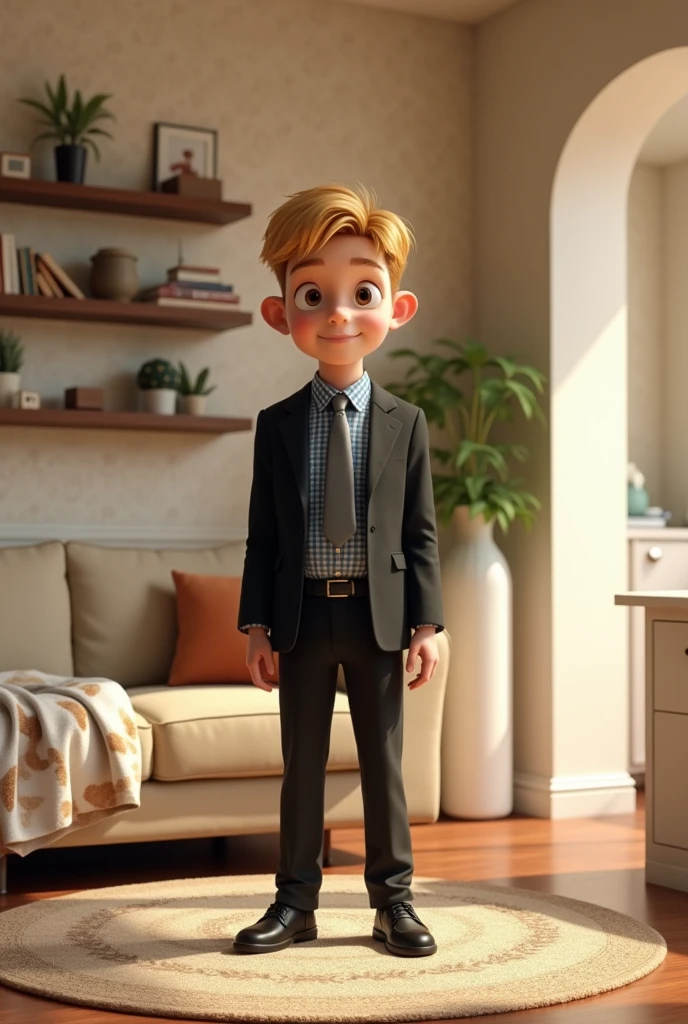 A boy of 13, thin, with blond hair, puffed out, large ears, straight facial features, brash, stands in the center of the living room, turned to face the camera with a neutral expression and a slight smile. He is dressed in an elegant black single-button jacket with notched lapels, a button-down blue and white plaid shirt, and a gray tie. His right hand dangles relaxed by his side, while his left hand rests on the blazer's button. The room has light beige walls with a subtle damask pattern, creating a warm atmosphere. To the left, there is a beige couch with a concrete-colored throw pillow and a white blanket with a marbled pattern in shades of brown, beige, and black draped over it. A rolled-up piece of fabric, likely carpet or wallpaper, leans against the wall next to the couch. Above the couch, shelves are filled with various items, including books, decorative objects, and small toys. A TV stand with a flat-screen TV, a black speaker, and other electronic devices is visible in the midground. On the right side of the image, an open doorway leads to another room where a white cabinet with two small doors and silver handles is visible. The walls in this adjacent room have a darker damask pattern, and a small mirror hangs above the cabinet. The lighting in the room is soft and even, providing a balanced illumination across the scene without harsh shadows. The overall composition focuses on the young man, who stands on a circular patterned rug, creating a formal yet homey atmosphere in the lived-in living space.