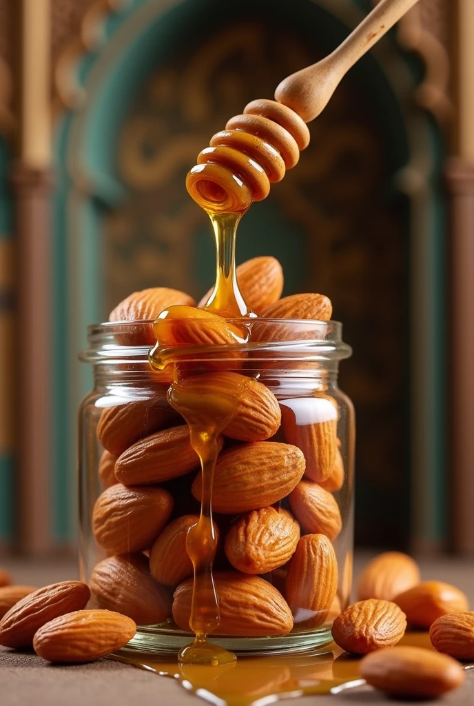 Bangladeshi style Mixed honey almonds are oozing honey attractively from the bottle Islamic background