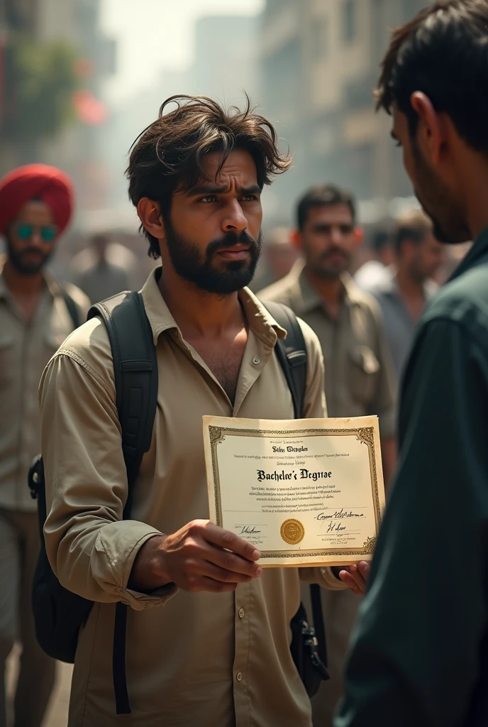 Bribery in pakistan showing a man with b.a degree in hand 

