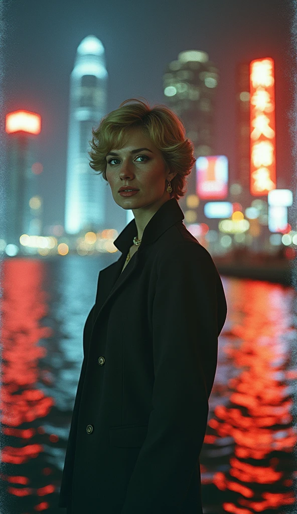 in hong kong, experimental dark aesthetic style polaroid, dizzy effect, Dramatic lighting, mirrorglass effect, candid photo, pulp fiction 00s aesthetic, fine grain, neon, ascii, bokeh, pointillism, New York with Princess Diana by seaside used aesthetic color