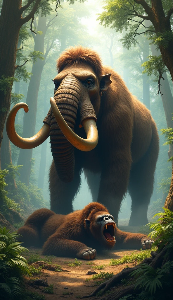 Mammouth standing on a dead gorila that it fought in a forest
