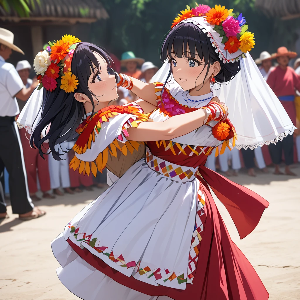 ((Highest quality)), ((masterpiece)), (detailed), (Perfect Face)、The woman is Reika Aoki with semi-long hair、A woman is dancing in a Guelaguetza costume in Guelaguetza, Mexico