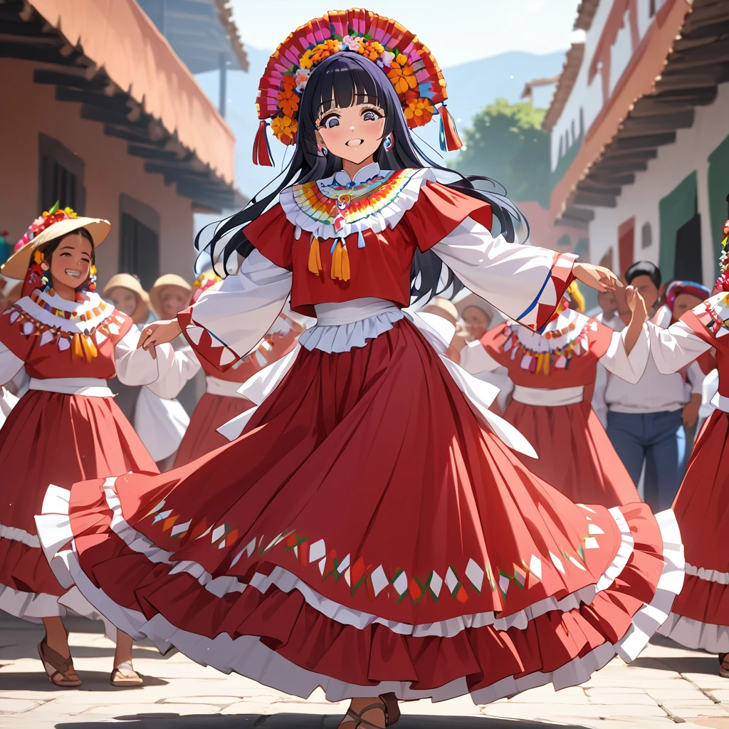 ((Highest quality)), ((masterpiece)), (detailed), （Perfect Face）、The woman is Reika Aoki with semi-long hair、A woman is dancing in a Guelaguetza costume in Guelaguetza, Mexico