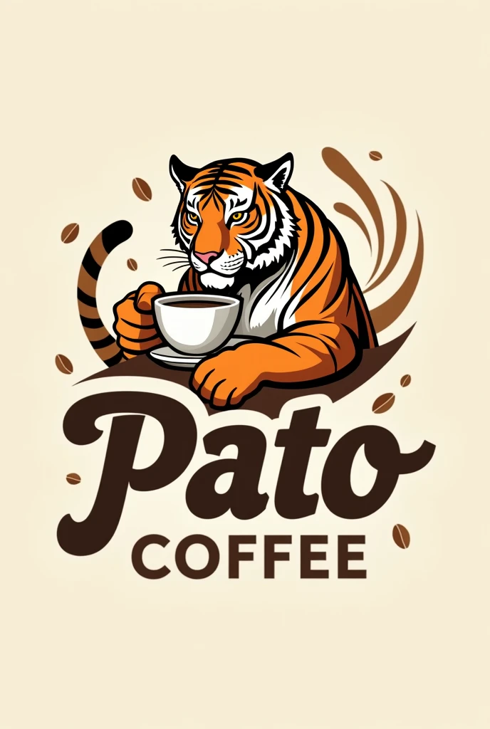 Logo " PATO COFFEE " có hình con hổ đang uống cafe