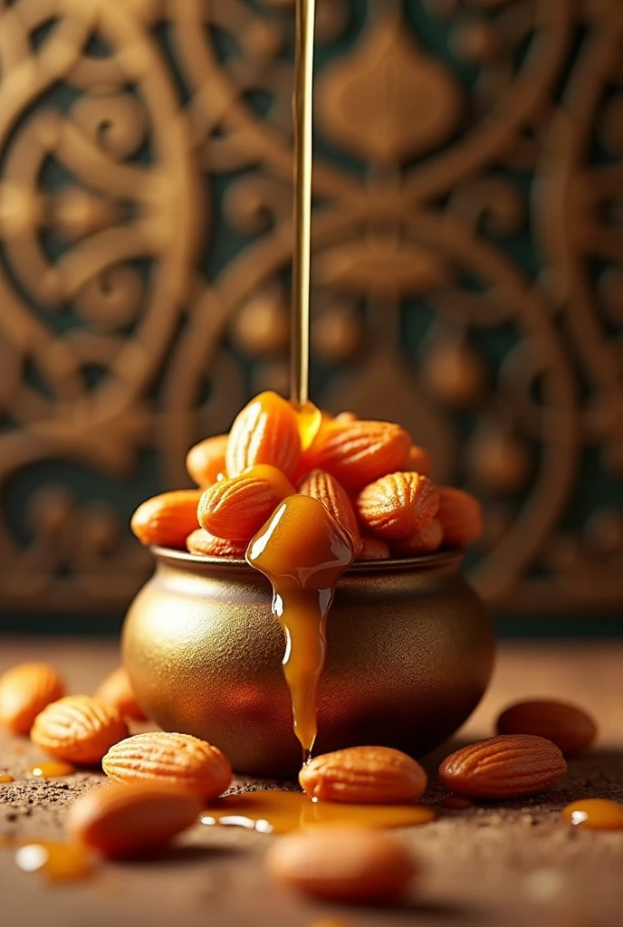 Bangladeshi islamic style Mixed honey almonds are oozing honey attractively from the bottle Islamic background 