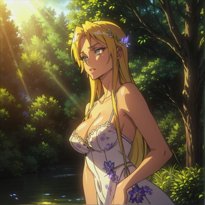 beautiful sexy girl in a mystical forest, fantasy forest fairy, elegant flowing dress, long hair, beautiful detailed eyes, beautiful detailed lips, extreme detailed face, long eyelashes, intricate floral crown, glowing butterflies, sunlight streaming through the trees, swirly vibrant colors, photorrealistic, work of art, 8k