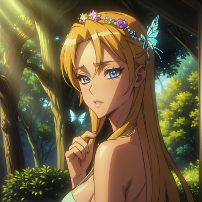 beautiful sexy girl in a mystical forest, fantasy forest fairy, elegant flowing dress, long hair, beautiful detailed eyes, beautiful detailed lips, extreme detailed face, long eyelashes, intricate floral crown, glowing butterflies, sunlight streaming through the trees, swirly vibrant colors, photorrealistic, work of art, 8k