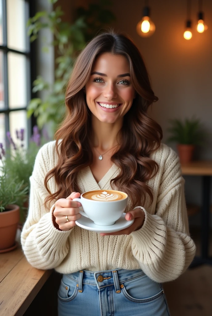 {Élise Marceau, Future Propriétaire de Café en France} -- Élise is a stunning 2 French woman with a warm, inviting smile that reflects her positive and vibrant personality. She has long, flowing chestnut-brown hair with natural waves that frame her face beautifully. Her eyes are a soft, captivating green, full of warmth and creativity. Élise is dressed in a chic, cozy French style – a soft, cream-colored knit sweater paired with high-waisted jeans that flatter her figure. She is captured in a quaint, cozy café setting, surrounded by rustic wooden tables, potted lavender plants, and the warm glow of natural light filtering through large windows. Élise is holding a beautifully crafted latte in a delicate porcelain cup, with intricate latte art swirling in the foam. She smiles warmly at the camera, creating a sense of connection and openness. The background features earthy tones, with hints of lavender and soft cream colors, enhancing the intimate, welcoming vibe of the scene. The atmosphere exudes quiet joy and contentment, a serene moment in Élise's journey of creating her dream café and sharing it with the world. -- {photorealistic}, {high-resolution}, {natural light}, {warm and cozy tones}, {Instagram aesthetic}, {French chic style}, {vibrant and inviting presence}, {beautiful café setting in France}, {inspiring and positive personality}