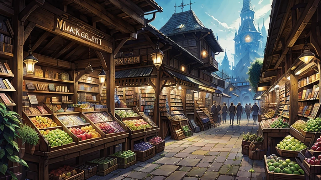 ((masterpiece)),((Highest quality)),((High Detail)),nobody,background,fantasy, City of Fantasy, Bright market, blacksmith, fruit, Weapons shop, Used bookstore, merchant, knight