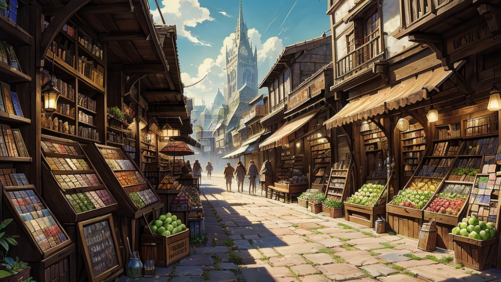 ((masterpiece)),((Highest quality)),((High Detail)),nobody,background,fantasy, City of Fantasy, Bright market, blacksmith, fruit, Weapons shop, Used bookstore, merchant, knight
