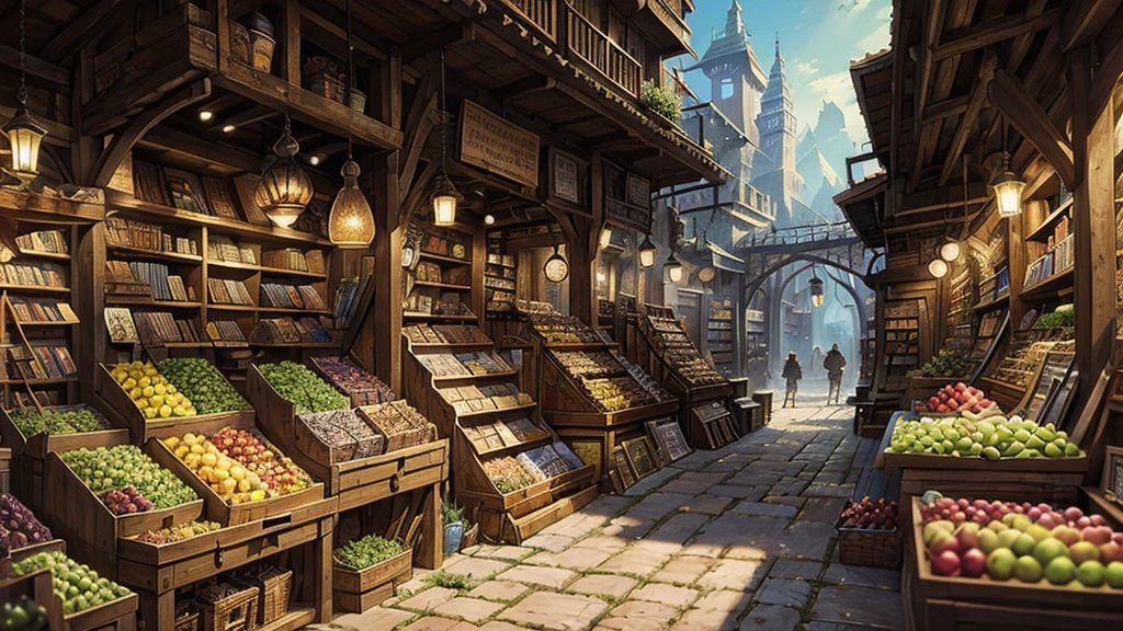 ((masterpiece)),((Highest quality)),((High Detail)),nobody,background,fantasy, City of Fantasy, Bright market, blacksmith, fruit, Weapons shop, Used bookstore, merchant, knight