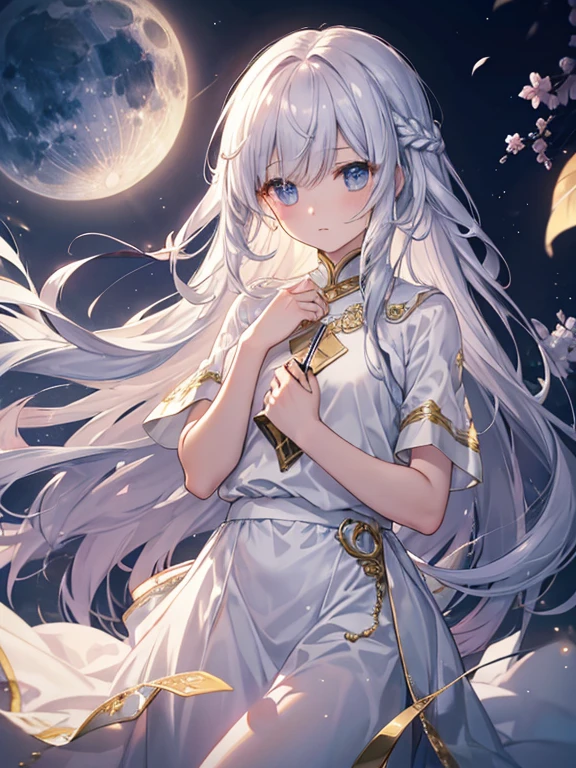 Highest quality、Very delicate、Long Hair、beautiful、ephemeral、hope、Dynamic Cloud、Silver Marble Skin、night、Golden light、Facing loneliness、moonlight、Plain T-shirt、Sunken eyes