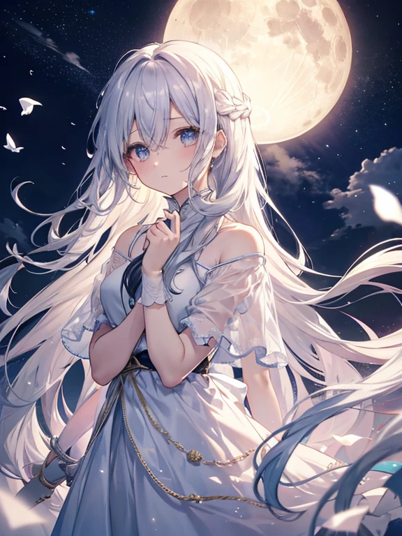 Highest quality、Very delicate、Long Hair、beautiful、ephemeral、hope、Dynamic Cloud、Silver Marble Skin、night、Golden light、Facing loneliness、moonlight、Plain T-shirt、Sunken eyes