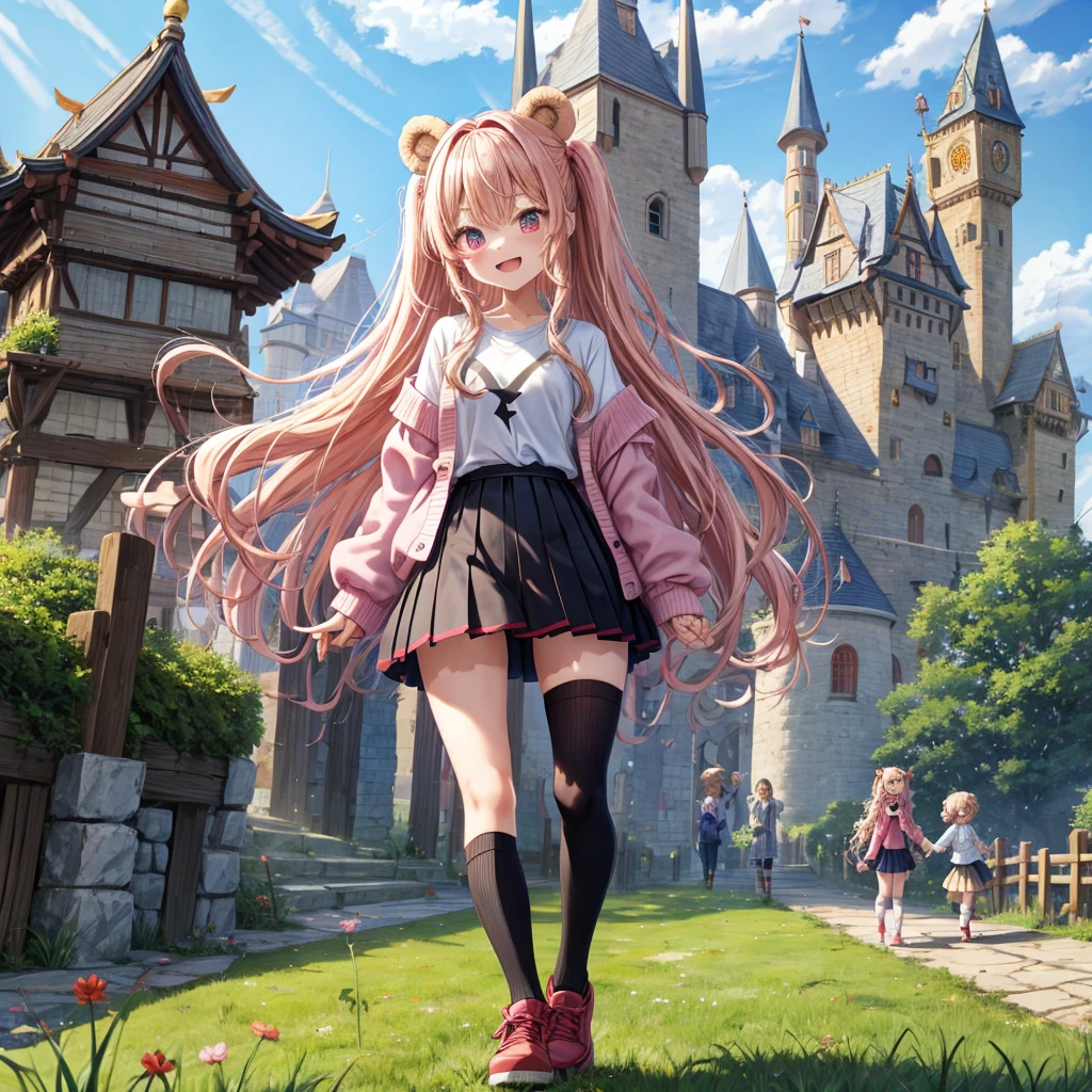 Pink Blonde、Red eyes、Wavy Hair、Hair tied up、Two cute、Checked mini skirt、black t-shirts、cardigan、Knee-high socks、Teeth are visible、Monster Castle、Tilting face、windmill、grass、Stones are growing out of the ground.、Holding hands with a teddy bear、In front of the city gates、Underground tunnels、Waterway、Wooden bridge、The stone is cracked