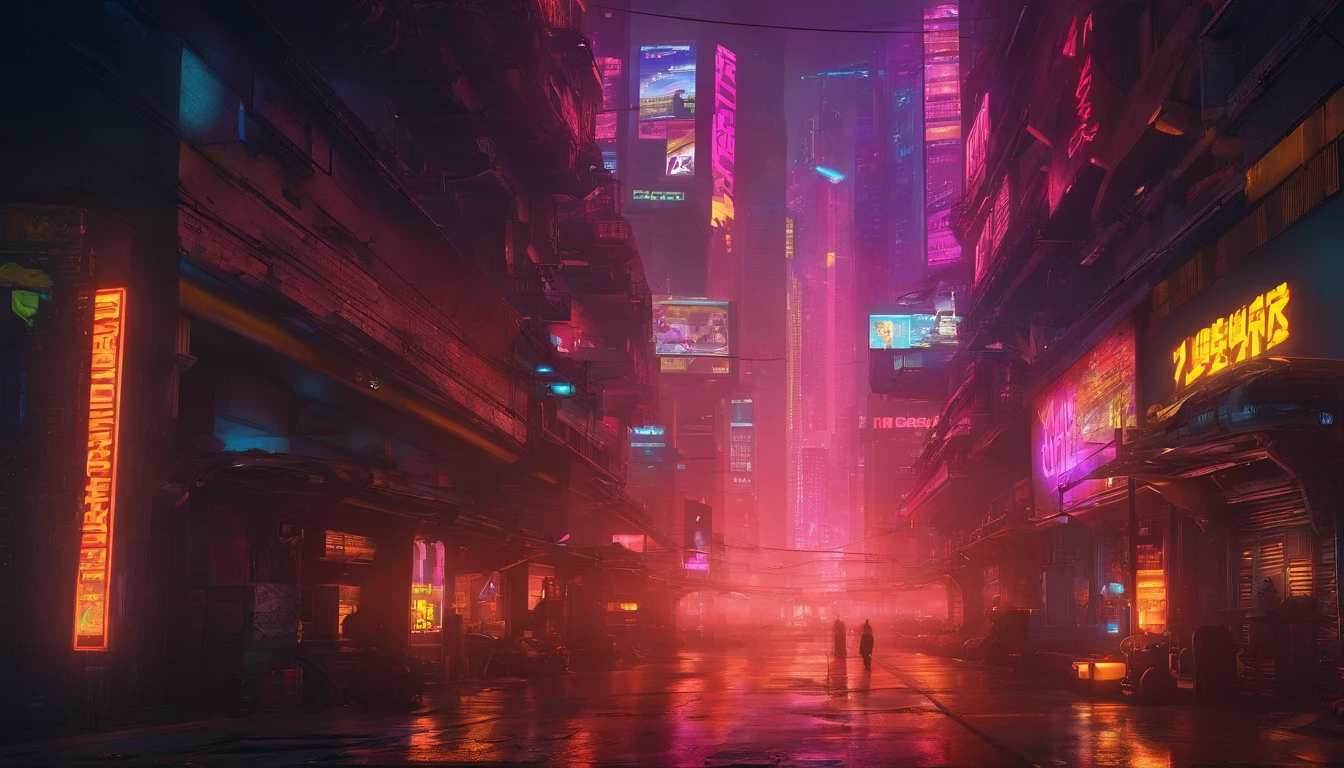 Create a cyberpunk scenario. A big city after robots dominate humility, An apocalyptic scenario. Amidst tall, half-destroyed buildings. Some things are on fire.