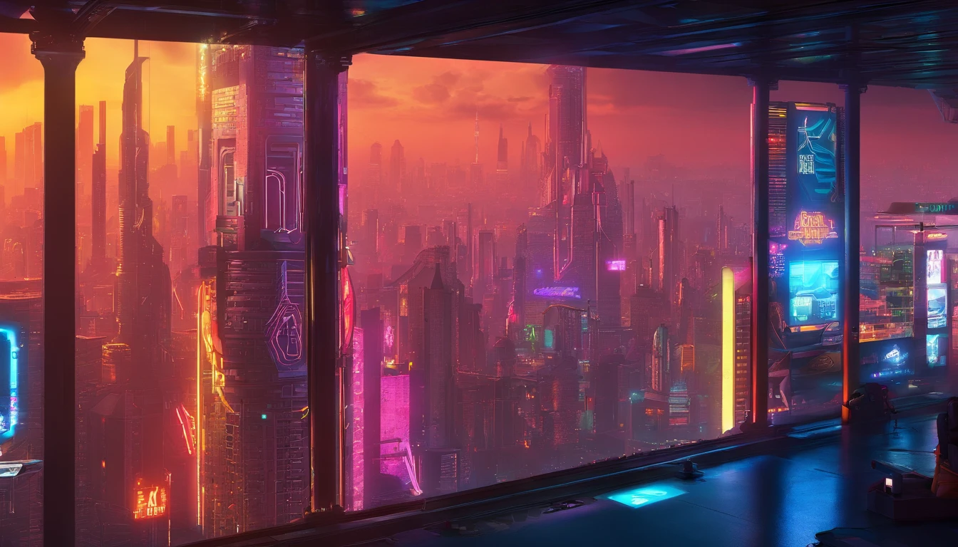 Create a cyberpunk scenario. A big city after robots dominate humility, An apocalyptic scenario. Amidst tall, half-destroyed buildings. Some things are on fire.