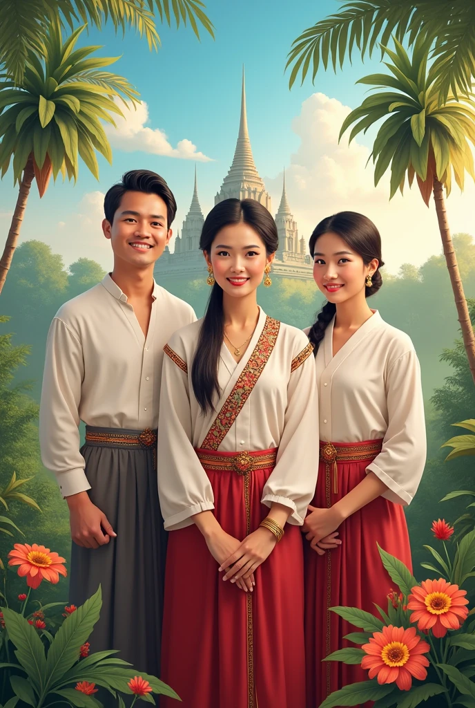 A couple of men and women wearing Thai traditional costumes
