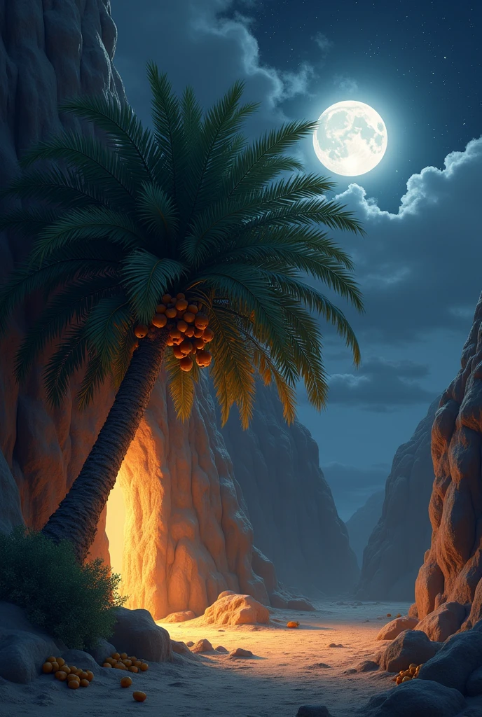 There is a cave. A light coming from the cave, Right in front of the cave there is a date palm tree, big leafs, full of the dates, some of the dates fall in the ground night time , big white moon coming through grey cloud. Small stars all over the sky , the atmosphere is placing 