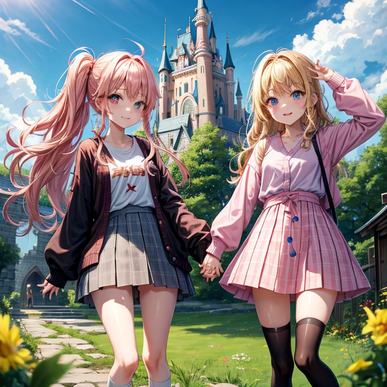 Pink Blonde、Red eyes、Wavy Hair、Hair tied up、Two cute、Checked mini skirt、black t-shirts、cardigan、Knee-high socks、Teeth are visible、Monster Castle、Tilting face、windmill、grass、Stones are growing out of the ground.、Holding hands with a teddy bear、In front of the city gates、Underground tunnels、Waterway、Wooden bridge、The stone is cracked