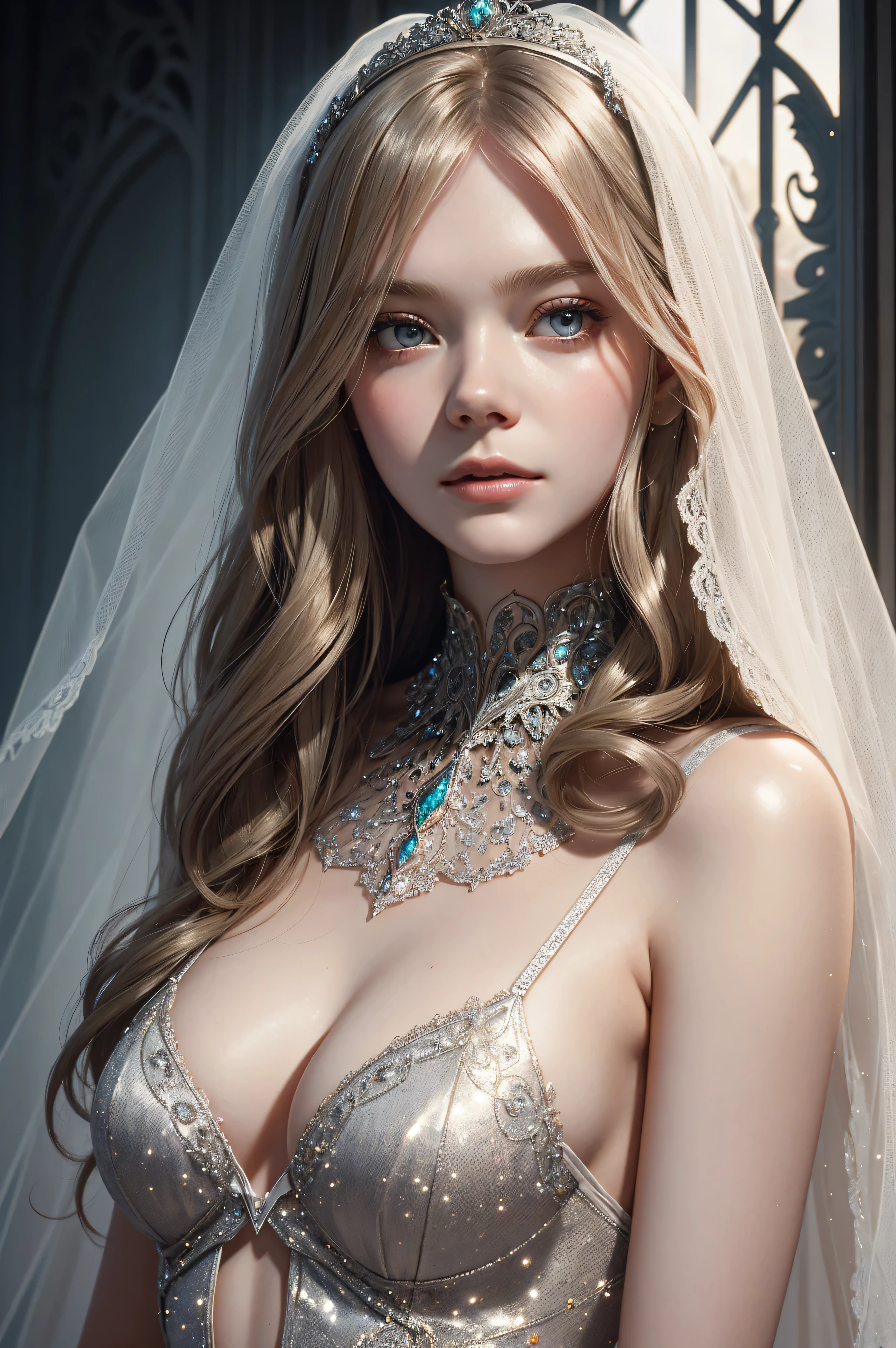 portrait Elle Fanning, wearing sexy veil bride silver lingerie, against the background of the Eiffel Tower, 9 9 9 9 s, curly hair, intricate, elegant, highly detailed, digital painting, artstation, concept art, smooth, sharp focus, illustration, art by thomas kindkade, charlie bowater, artgerm, greg rutkowski, alphonse mucha and alexandra fomina, 36k, glittering, shining