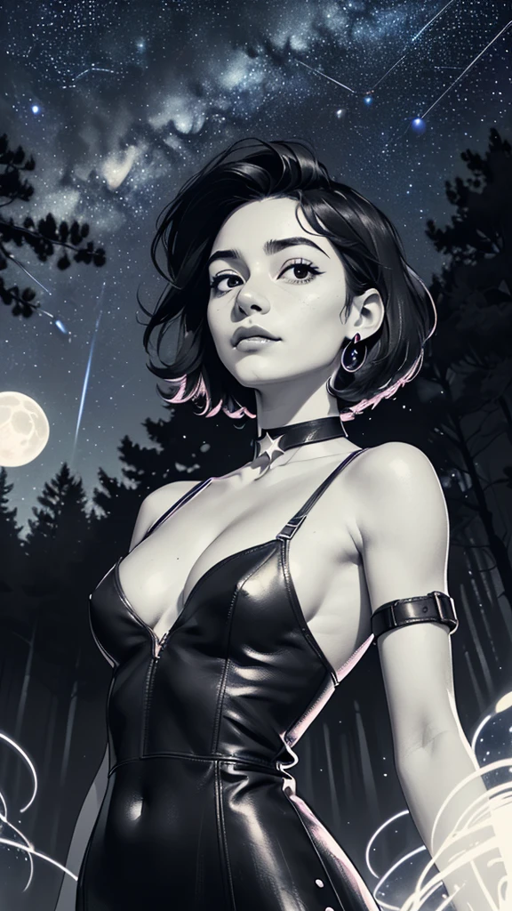 one girl, solo, slender body, fit body, (bust:1.3), (black eyes:1.3), black hair, (short hair:1.2), masterpiece, highly detailed, look at viewer, (look from below, below view:1.3), (leather dress, choker:1.4), (long exposure starry sky with many circular orbits, many stars twinkling in a beautiful bright winter night sky, forest, fractal art, bright colors, colors mashing, complimentary colors, neon, compassionate:1.3), expressing joy, (dark sky background:1.1), (bare shoulders, small breasts, tiny breasts, very deep cleavage, cleavage to stomach:1.4), (flat chest, male chest:1.7), (limited palette:1.7)