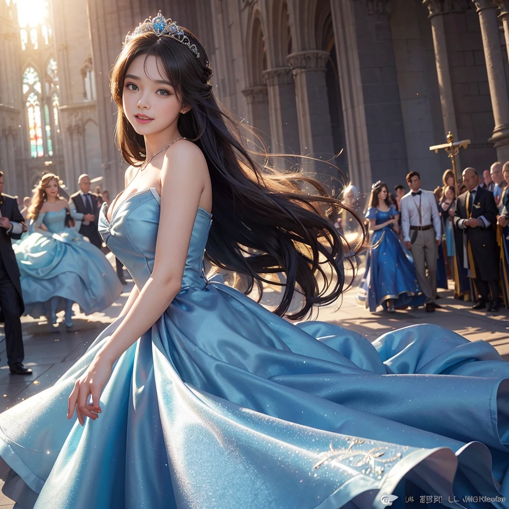 best quality, masterpiece, 1 girl, long hair, A huge laugh, cute , shiny lips, sweet, sun glare, Conservative attire, Disney Princess Cinderella, Blue dress, Bridal Tiara, depth of field, blurred background, Cathedral Background, light particles, strong wind, head tilt