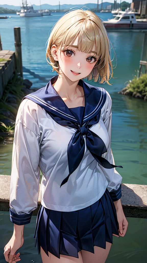 (masterpiece:1.2, Highest quality), (Realistic, photoRealistic:1.4), Beautiful illustrations, (Natural Side Lighting, Cinema Lighting),
View your viewers, Cowboy Shot, Front view:0.6, 1 person, Japanese, Junior high school girl, , Perfect Face, cute and symmetrical face, Glowing Skin,
(short hair, Bobcut, Blonde), Blunt bangs, Dark brown eyes, Long eyelashes, (Large Breasts:0.5),
Beautiful Hair, Beautiful Face, Beautiful attention to detail, Beautiful clavicle, Beautiful body, Beautiful breasts, Beautiful thighs, Beautiful feet, Beautiful fingers,
((Detailed cloth texture, long sleeves navy cute sailor suit, Navy Pleated Skirt, Navy sailor collar, Green sailor scarf)),
(Beautiful views), evening, River side, Are standing, (cute, Cute smile, Upward glance, Open your mouth),