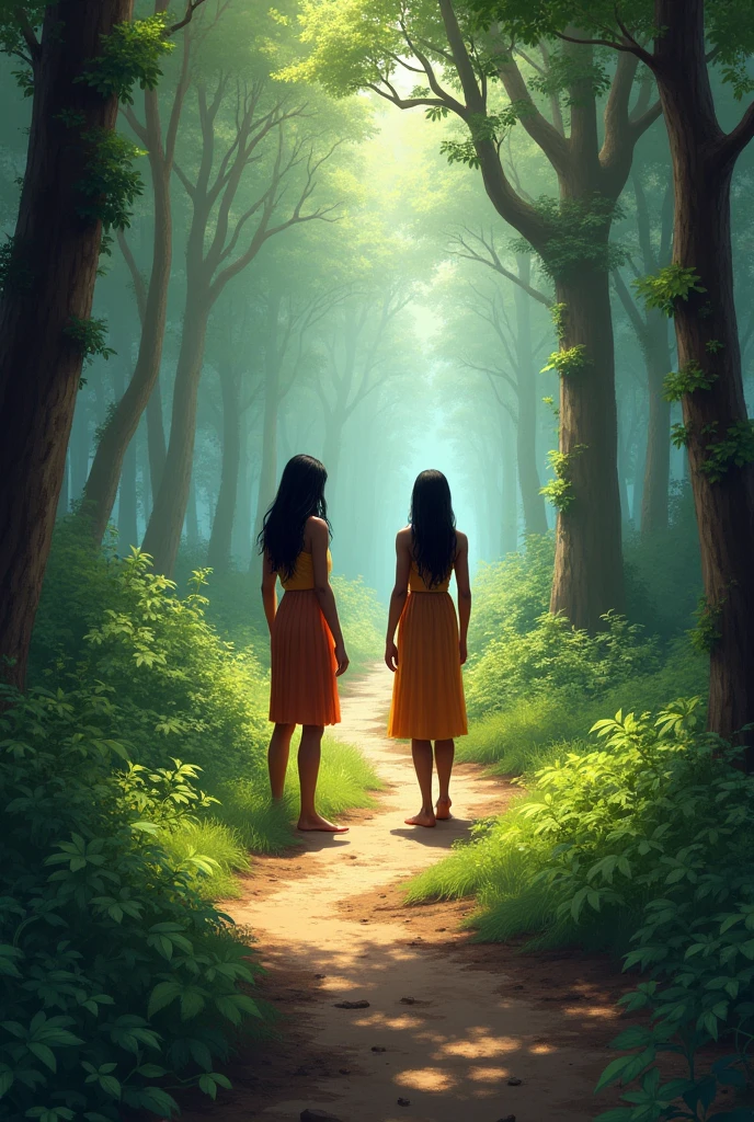 တောထဲ အိန္ဒိယနှစ်ယောက် တစ်ယောက်က ဒီဘက်လမ်းထိပ် နောက်တစ်ယောက်က ဟိုဘက်လမ်းထိပ်ရပ်နေပုံ ဆွဲပါ