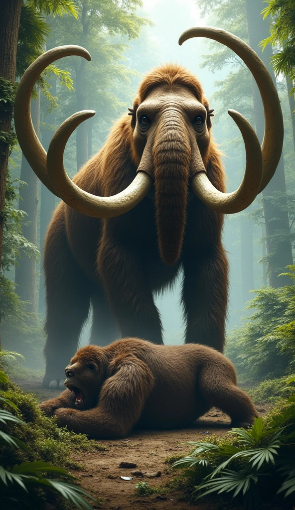 Mammouth standing on a dead gorila that it fought in a forest