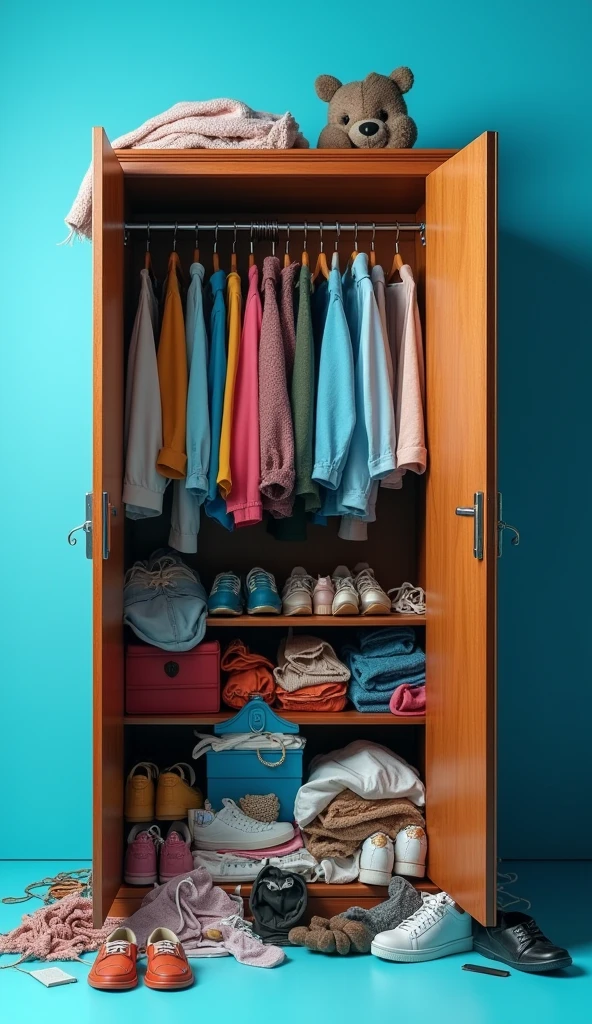 make a realistic picture, a brown wardrobe with the door open and the contents very messy, blue background, side view, wide, full body, 8k super realistic