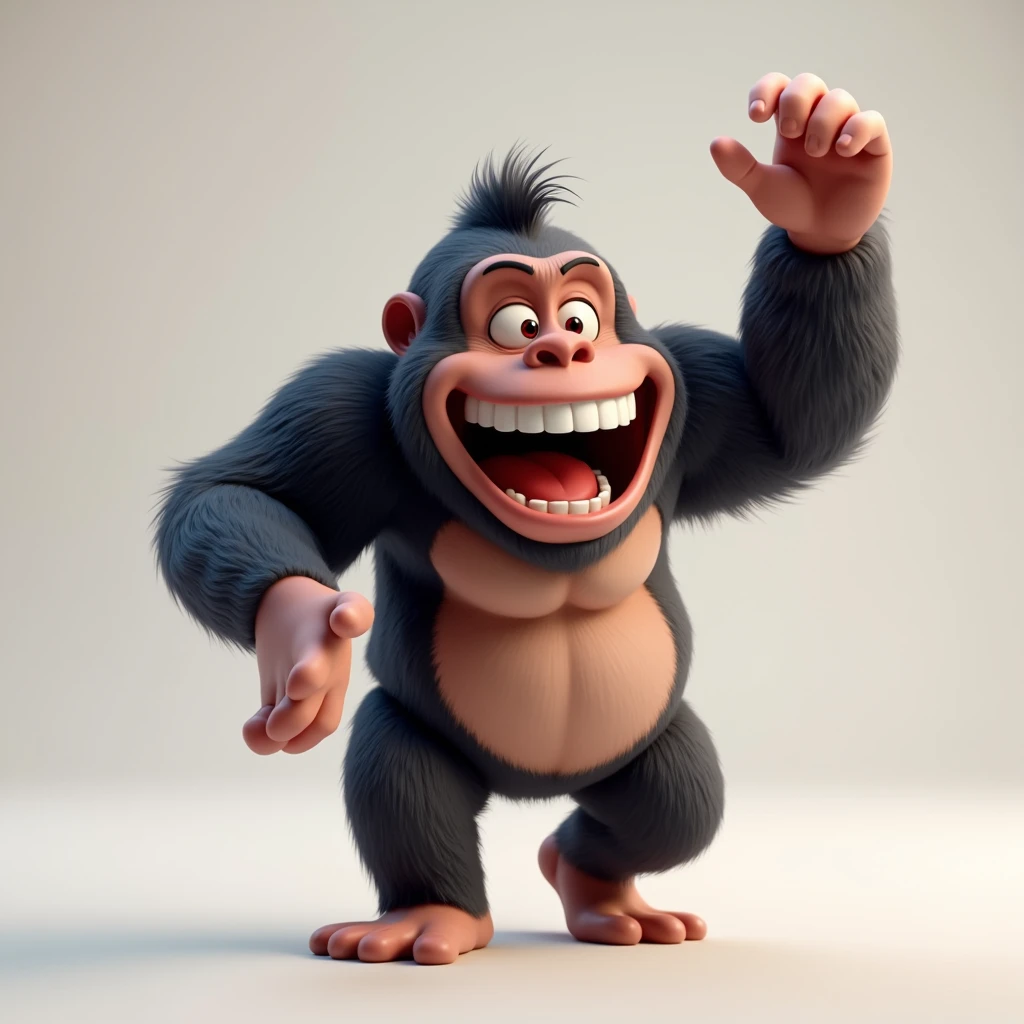 A gorilla with a smile, its right index finger raised and its arm extended forward