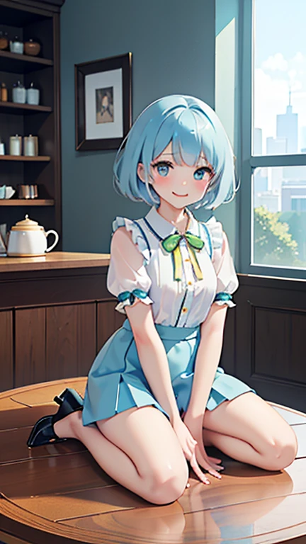 (from the front), Fisheye Lens, Beautiful , Curvy, Flat Chest, Small breasts，Underbust, (Kneeling on the round table), (On the table:1.5), (Leg spread), (Hot lemonade between my legs:1.3),Steam rising from hot lemonade， (Classic puffy short sleeve ruffled blouse), (Light blue mini skirt), Skirt Lift，(A see-through button-up shirt), (Neck ribbon)+ Thighs, High heels, (View your viewers:1.5), (Embarrassing:1.3), (Smile), (vapor:1.3), (Girl trembling with sexual climax:1.3), Mid-length hair, Light blue hair,Bobcut, Wavy Hair, Glowing Skin, (coffee shop), window, morning, (crowd:1.3), (masterpiece, Highest quality, High resolution:1.3), Perfect Anatomy