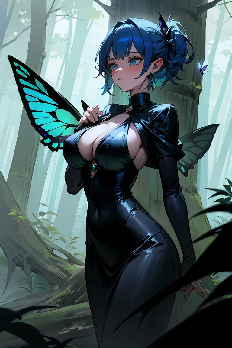 dnd woman, blue hair, green big butterflies wings, black clothes, big boobs, in the dark forest, devil, monsters, d trees