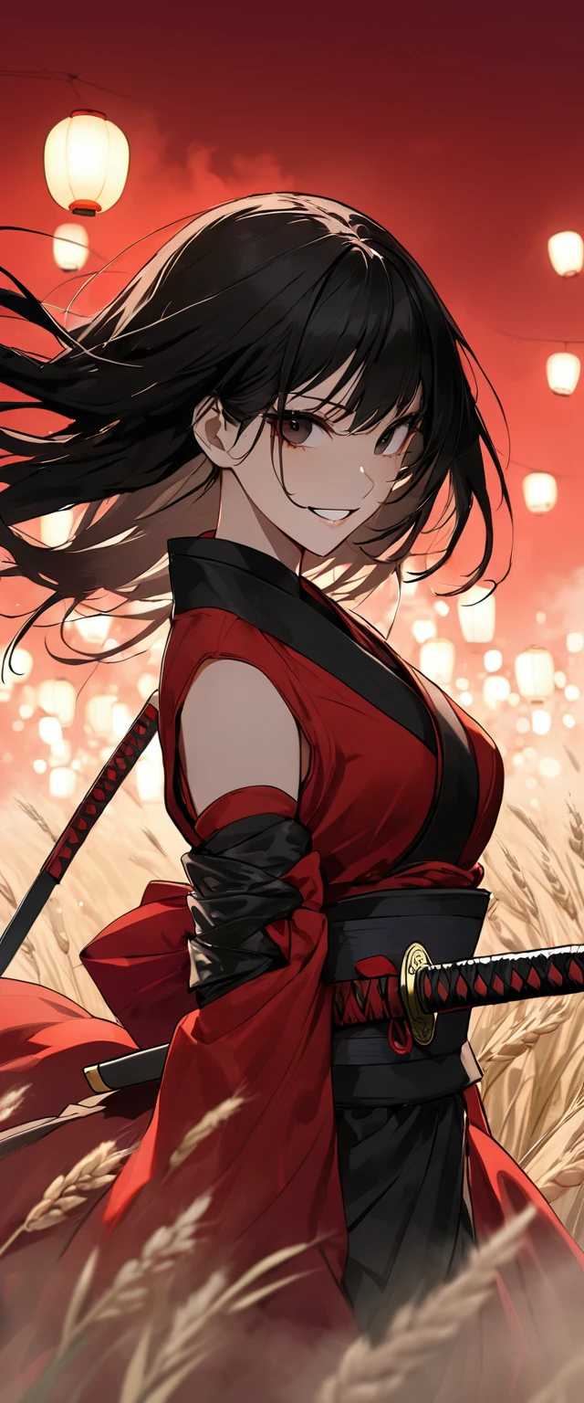 A slim young maiden dressed in a samurai uniform of shiny scarlet silk。Messy long black hair。 White Wheat Field。A world of thick fog,。Bust Shot。Dark Eyes。clothes are blowing in the wind。Grin。Katana on the waist。Stylish pose。Many small lanterns are floating。alone。Neo Tokyo。Japan。Red Sky。Chiaroscuro,