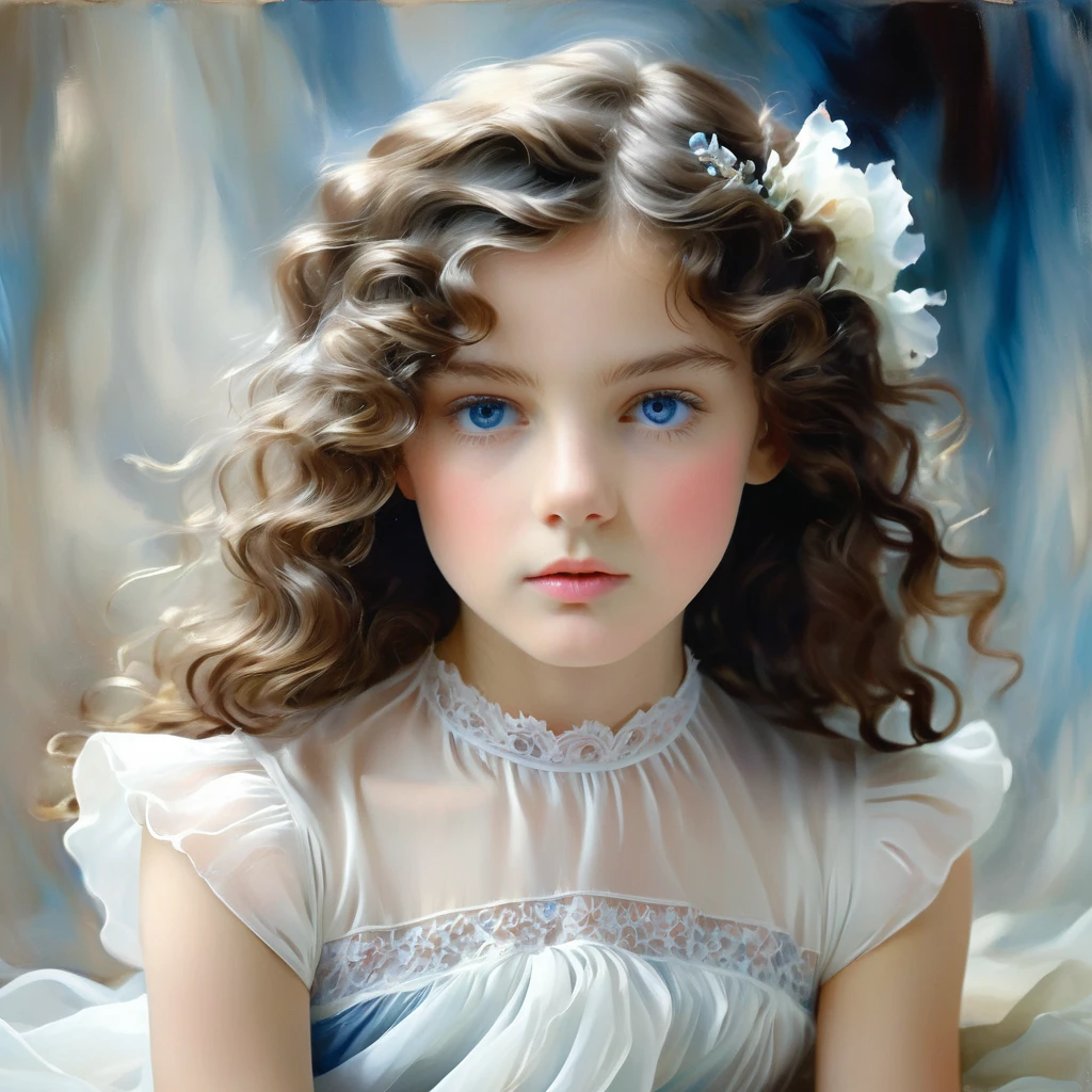 Girl with long wavy brunette dark hair, She is wearing a white transparent chiffon dress with white lace, the style of the artist John Singer Sargent, eye contact, 8 K,12K, how modonna holds in her hands, one year old , with blue eyes, Beautiful,  