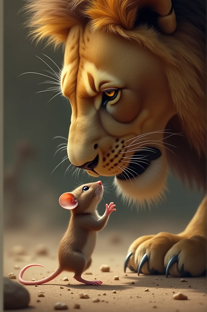 Mouse**: The mouse is suspended in the lion’s paw, its curled in fear. Its whiskers are twitching, and its tiny hands are clasped together as if pleading. Despite its fear, there is a hint of determination in its eyes, as it begins to speak.